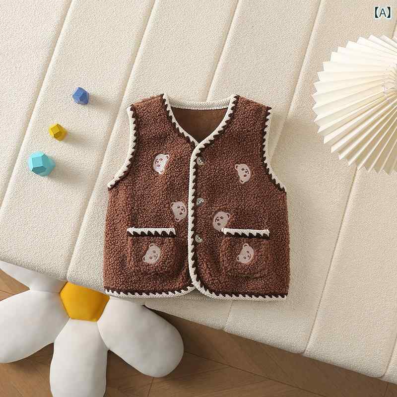 セキュアデポのベスト 女の子 裏起毛 ボア 防寒 暖かい 刺繍 ダブルポケット くま 秋冬 アウター 重ね着 普段着 通園着 ベビー 幼児 キッズ 1歳 2歳 3歳 80 90 100cm カジュアル かわいい｜アングル2