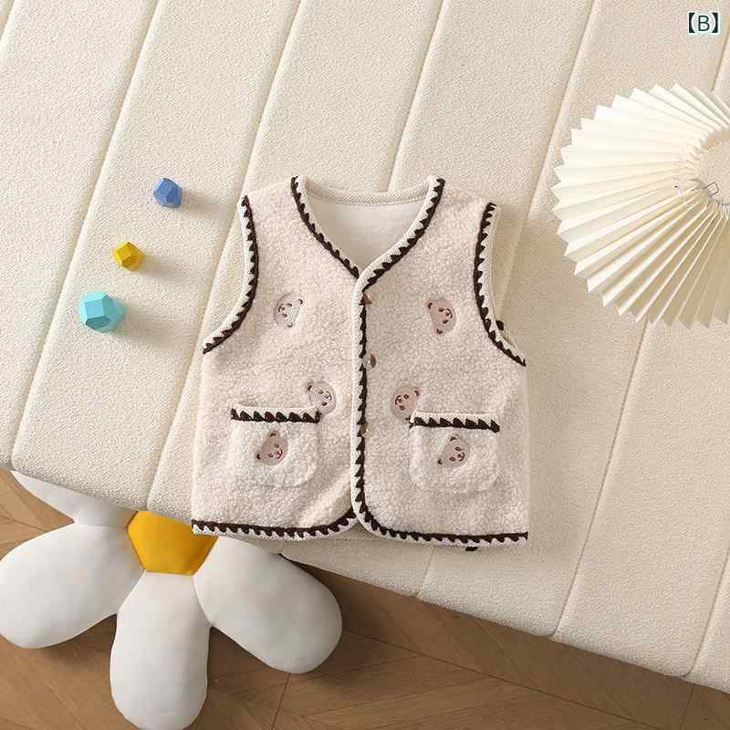 セキュアデポのベスト 女の子 裏起毛 ボア 防寒 暖かい 刺繍 ダブルポケット くま 秋冬 アウター 重ね着 普段着 通園着 ベビー 幼児 キッズ 1歳 2歳 3歳 80 90 100cm カジュアル かわいい｜アングル3