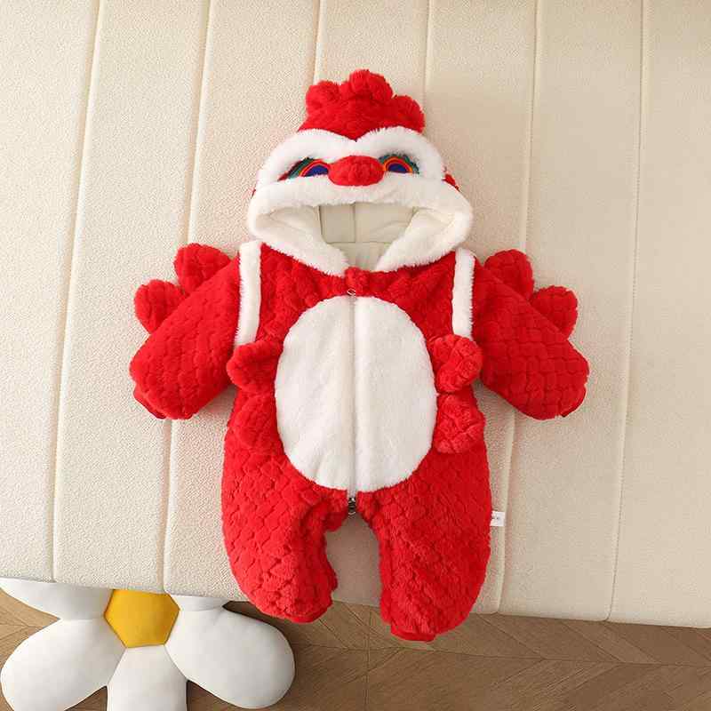 ・対象年齢: 新生児(0～1歳、80cm以下)・性別: ユニセックス・袖丈: 長袖・フード: あり（取り外し不可）・厚さ: 厚手・主素材: ポリエステル100%・開閉: ジッパー・スタイル: 中国風・タイプ: カバーオール・カラー: レッド（虎頭帽、兎毛飾り）・身長: 66, 73, 80, 90cm・カテゴリ: ロンパース、カバーオール