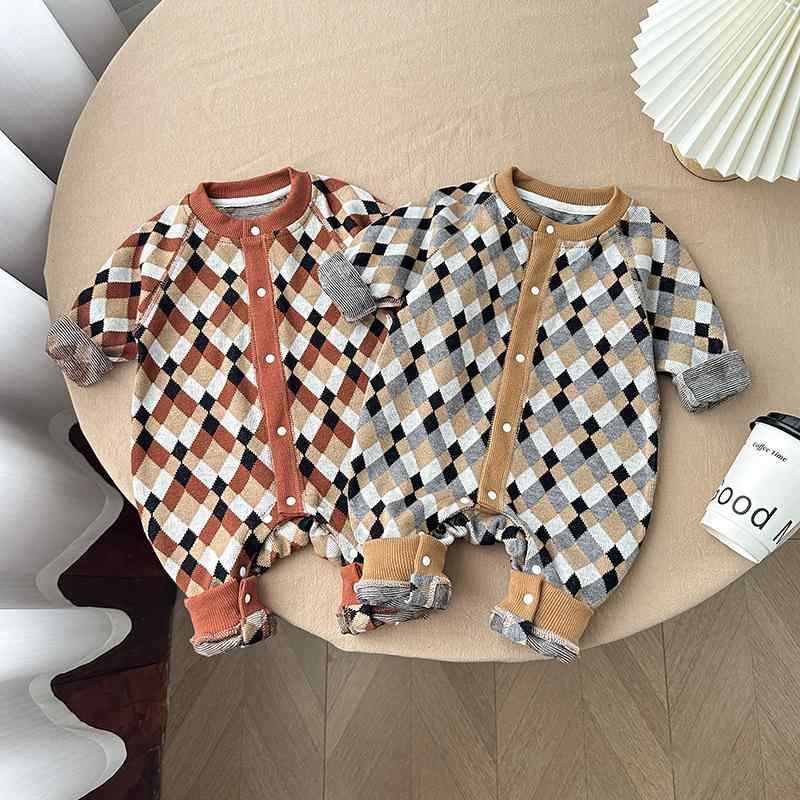 ロンパース 男の子 ベビー 春秋 レトロ クラシック アーガイル柄 長袖 ニット風 肌に優しい 韓国風 前..