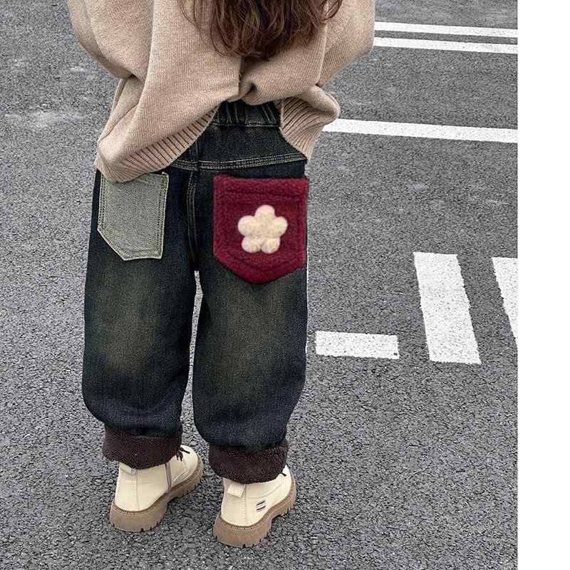 一体型裏起毛 厚手 暖かい 防寒 キッズ 女の子 デニムパンツ 秋冬 カジュアル おしゃれ ジュニア 綿 コ..