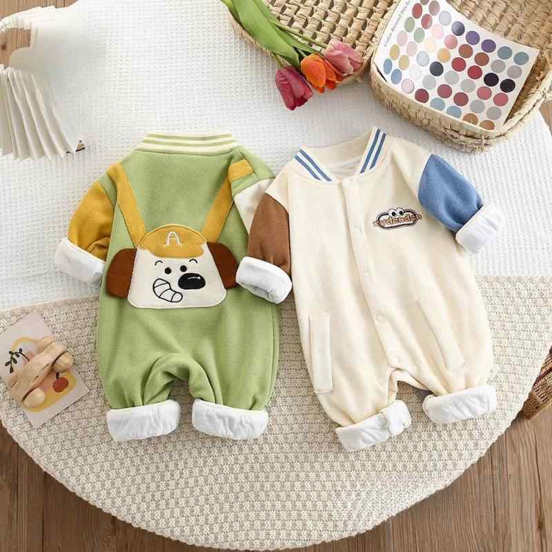 ロンパース ベビー 春秋 バックパックを背負ったおどけた犬デザイン ベースボールジャケット風 スポー..