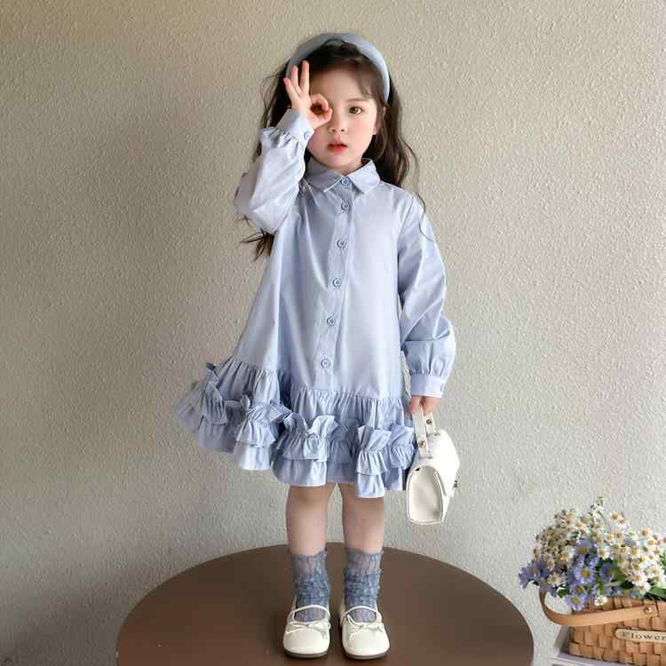 ワンピース 女の子 キッズ 春秋 長袖 綿混 柔らか素材 フリル Aライン 無地 上品 韓国風 シャツワンピ..