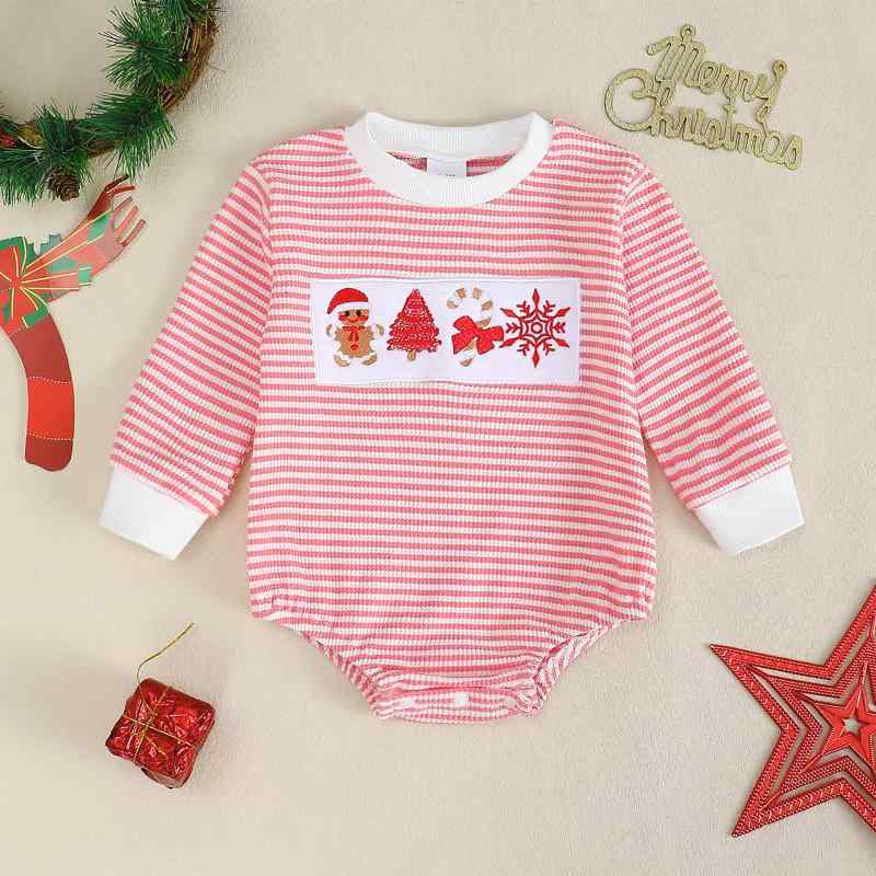 ロンパース ベビー 女の子 ワッフル生地 ストライプ 刺繍 リブ襟 長袖 綿 コットン スナップボタン 股..