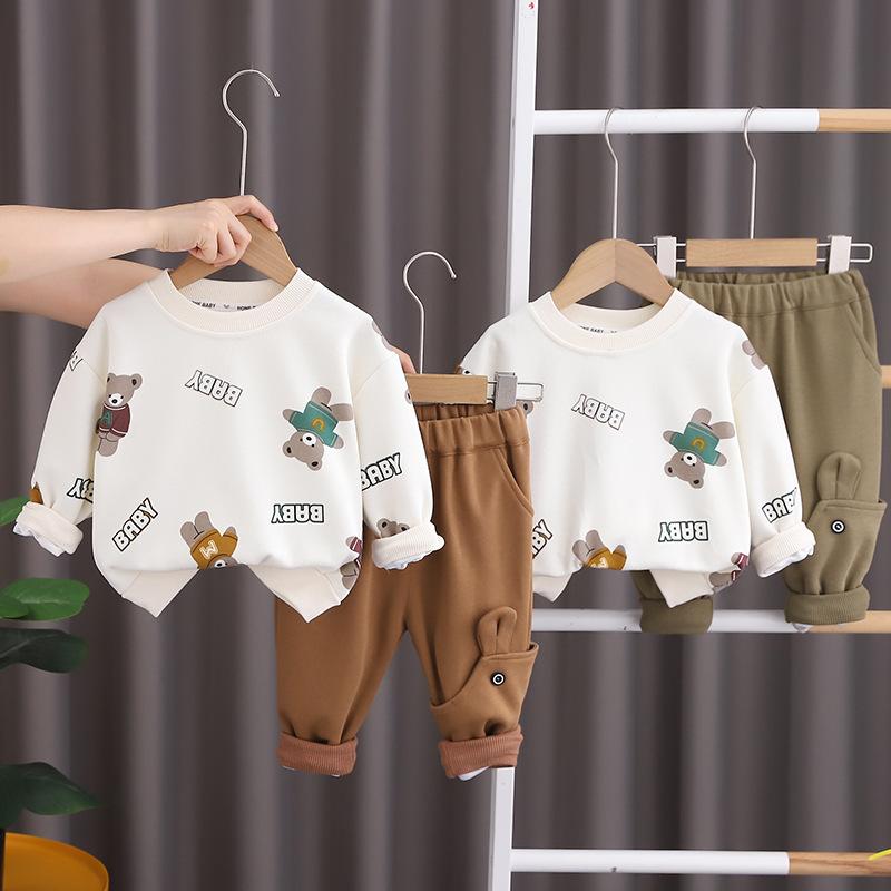 ベビー 男の子 セットアップ 春秋 長袖 プルオーバー 長パンツ 2点セット 総柄 英字 クマ キャラクター..