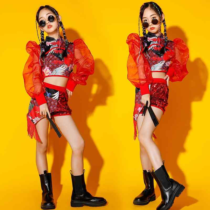 楽天セキュアデポダンスウェア キッズ 女の子 ジュニア スパンコール きらきら 光沢感 チャイナ風 ヒップホップ ジャズ ストリート クラシック 発表会 舞台衣装 パフォーマンス おしゃれ かっこいい セットアップ 夏用