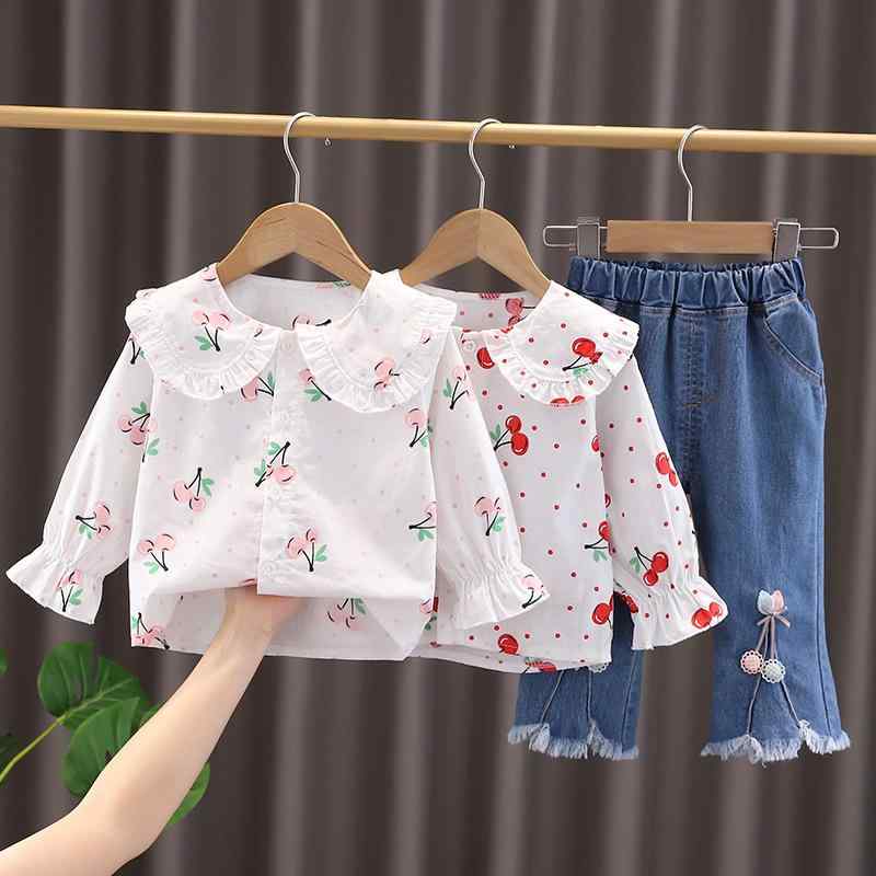 キッズ ガールズ 子供服 女の子 長袖 シャツ ブラウス 上下セット パンツ サクランボ柄 チェリーチェック 格子柄 綿 コットン素材 秋 韓国風 カジュアル 2点セット