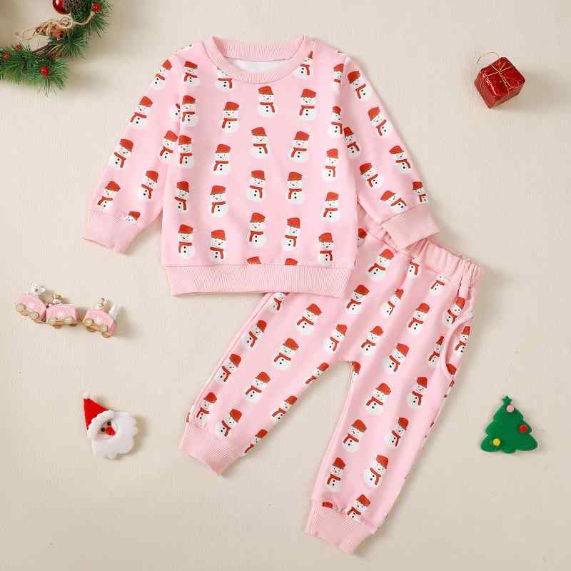 スウェット セットアップ ベビー キッズ 幼児 男の子 女の子 男女兼用 かわいい 雪だるま プリント 長袖 丸首 フードなし 綿混 オールシーズン 部屋着 ルームウェア パジャマ 2点セット ピンク