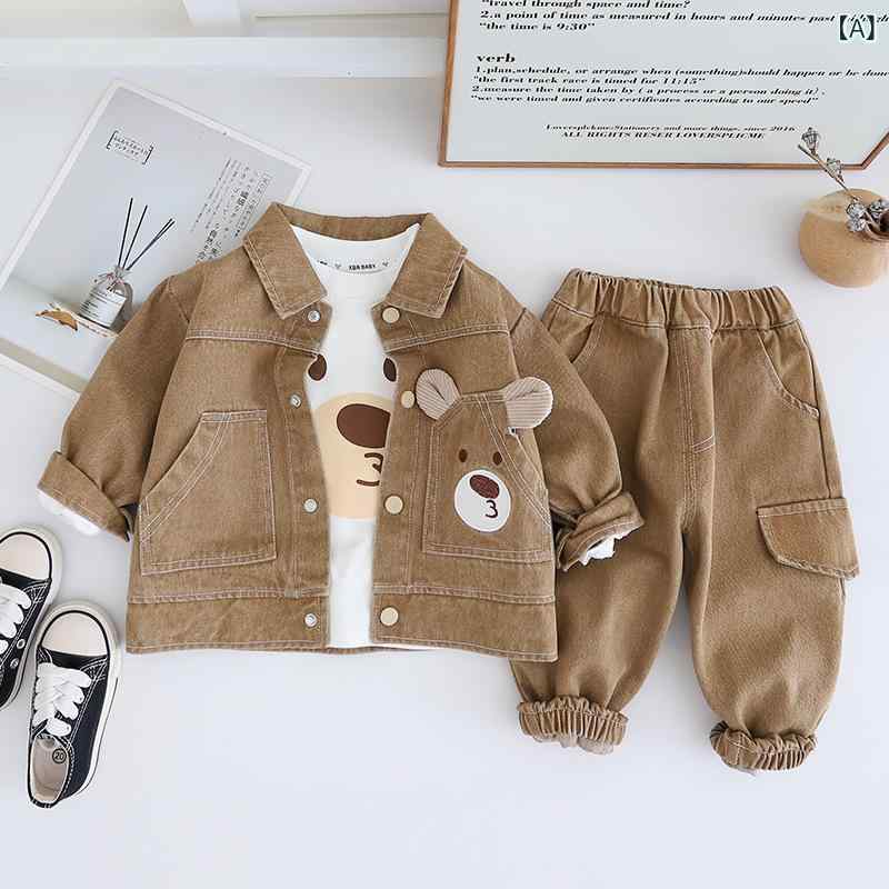 Top & Bottom Sets - ベビー服 男の子 春秋 セットアップ パンツ 3点セット デニム キャラクター ストライプ 韓国風 柔らか コットン95% 長袖 ジャケット おしゃれ かっこいい