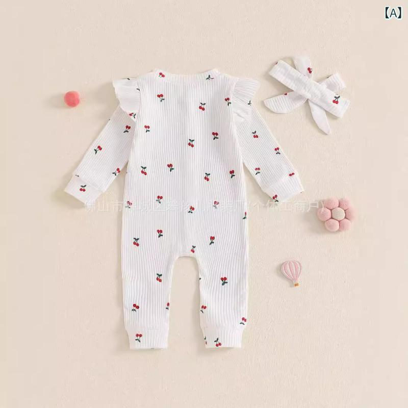 Overalls - ロンパース ベビー キッズ 男女兼用 さくらんぼ柄 チェリープリント コットン リブ フリル袖 スナップボタン オールシーズン ホワイト ヘアバンド 2点セット ベビー服 出産祝い