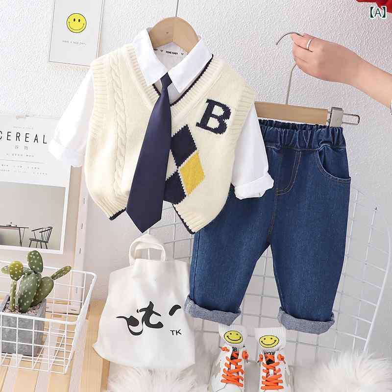 ・カテゴリ: キッズセットアップ・性別: 男性・スタイル: 韓国風・セットタイプ: パンツセット・セット点数: 3点セット・対象年齢: 乳幼児（1〜3歳）・袖丈: 長袖・パンツ丈: 長パンツ・生地加工: 柔軟加工・厚さ: 普通・柄: チェック、ロゴ・デザイン特徴: セット、チェック、ロゴ、股開き仕様・素材: 綿80%・開閉様式: シングルボタン・カラー展開: オフホワイト、ブルー・サイズ展開: 80cm、90cm、100cm、110cm、120cm
