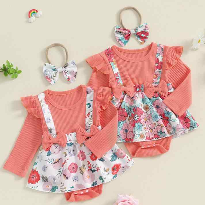 ロンパース 女の子 ベビー 綿混 ニット リブ フリル袖 長袖 スカート リボン ヘアゴム 2点セット 春秋 冬 0-3歳 80-100cm