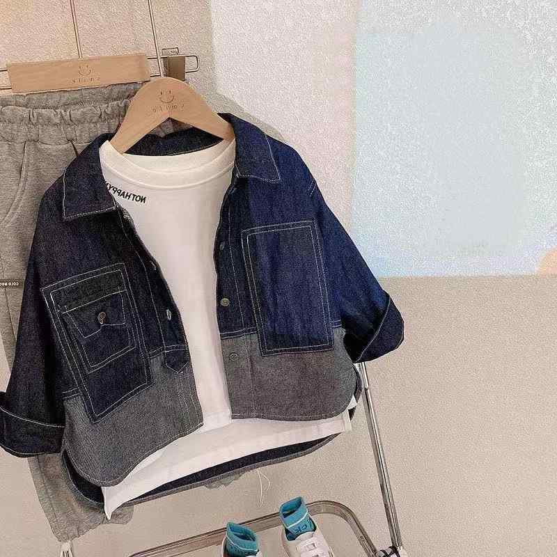 シャツ キッズ 男の子 ジュニア デニム 長袖 シャツジャケット 羽織り 春秋 無地 紺色 ダークブルー カ..