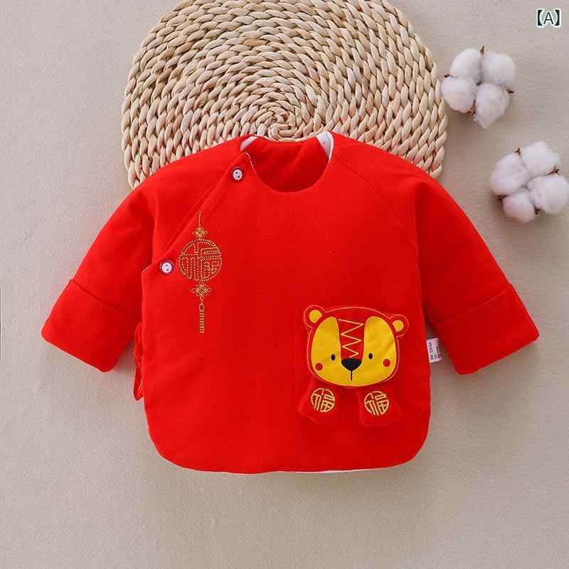 ベビー服 新生児 男女兼用 コットン100% 肌に優しい レッド ライオン柄 アニマル柄 丸襟 短肌着 コンビ..