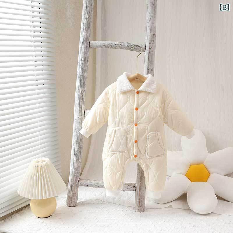 ロンパース ベビー 男の子 女の子 男女兼用 赤ちゃん 長袖 中綿入り 防寒 厚手 秋冬 前開き ポリエステル カジュアル お出かけ着 カバーオール オレンジ アイボリー 66 73 80 90cm 3