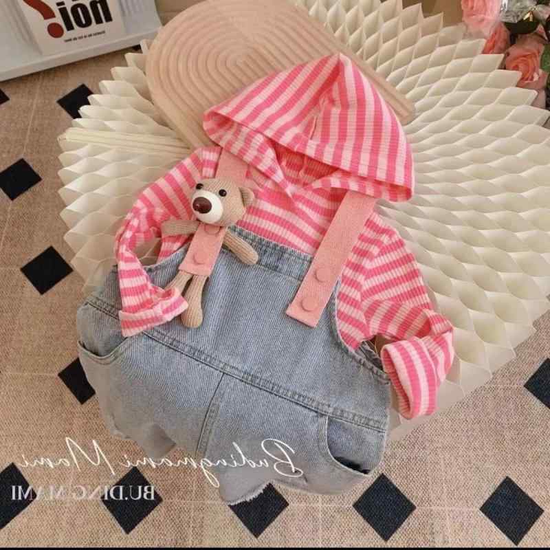 セットアップ 女の子 キッズ 春秋 デニムサロペットスカート ピンクストライプ柄トップス 長袖 コットン UVカット 柔らかい肌触り クマモチーフ 普段着 通園 お出かけ 韓国風 2点セット