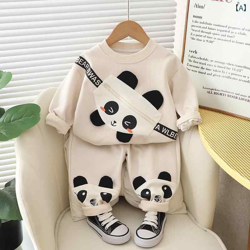 ベビー服 男の子 セットアップ パンダ キャラクター 長袖 綿 コットン 肌に優しい かわいい おしゃれ 春秋 普段着 部屋着 2点セット オフホワイト グレー - 2