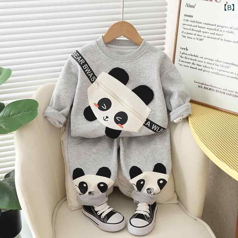ベビー服 男の子 セットアップ パンダ キャラクター 長袖 綿 コットン 肌に優しい かわいい おしゃれ 春秋 普段着 部屋着 2点セット オフホワイト グレー - 3