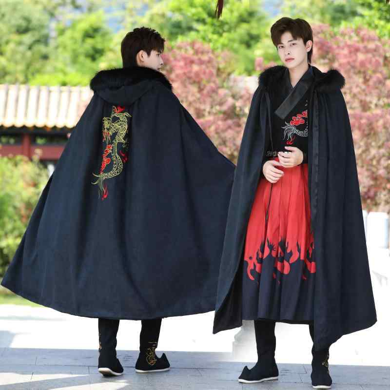 漢服 メンズ 裏起毛 厚手 防寒 暖かい 騰龍デザイン 武侠 剣客 錦衣衛風 中国スタイル マント ポンチョ..