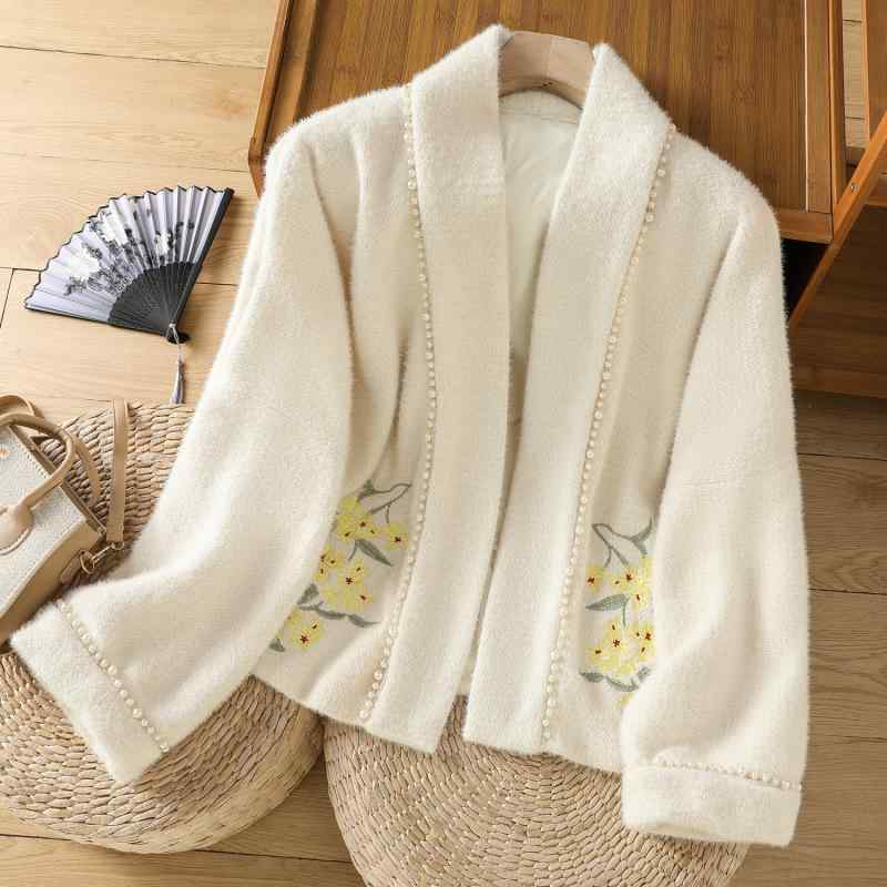 コート レディース 秋冬 漢服 漢元素 中国風 レトロ おしゃれ かわいい 刺繍 ビーズ ゆったり ルーズフィット オーバーサイズ 馬面スカートスタイル ポリエステル メルトンアウター オフホワイト アイボリー