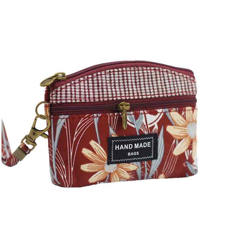 小銭入れ レディース ストラップ付き ダブルファスナー 長い葉 花柄 コットン かわいい 軽量 コンパク..