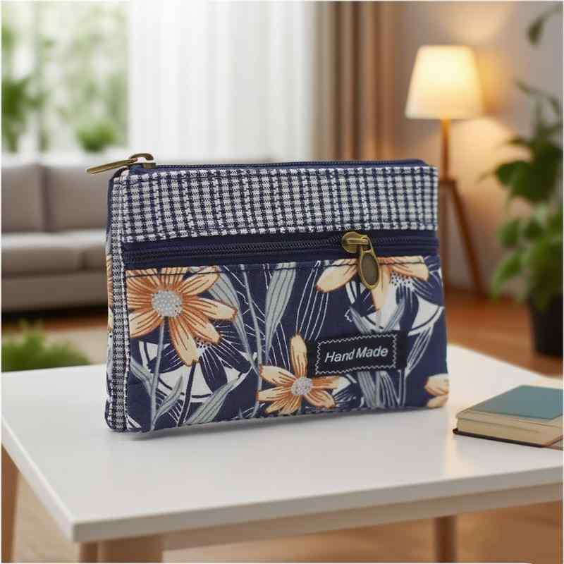 小銭入れ レディース スクエア型 長葉花柄 多収納 4ポケット コットン 布製 ミニポーチ おしゃれ かわ..