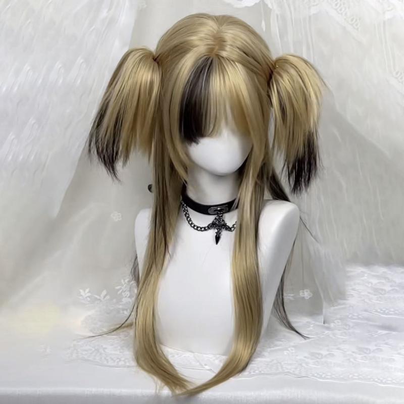 ウィッグ レディース フルウィッグ ロングストレート ブラック ゴールドハイライト サブカルチャーファッション 個性派 小顔効果 前髪..