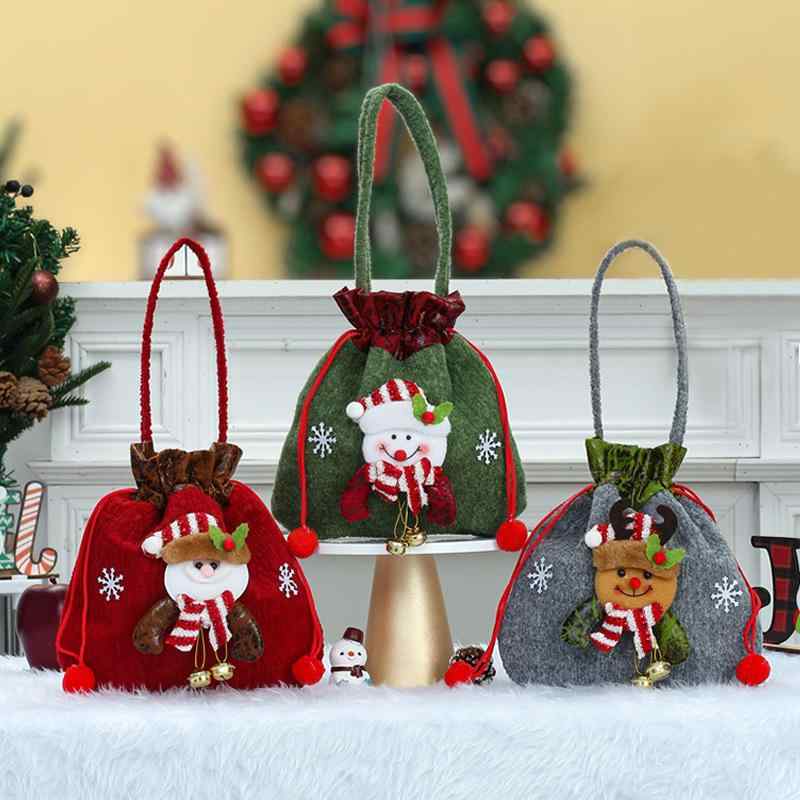 クリスマス プレゼント ギフトバッグ キッズ 子供用 巾着 手提げ 型押し 合皮 ふわふわ ポリエステル製 お菓子入れ りんご袋 サンタ スノーマン トナカイ キャラクター