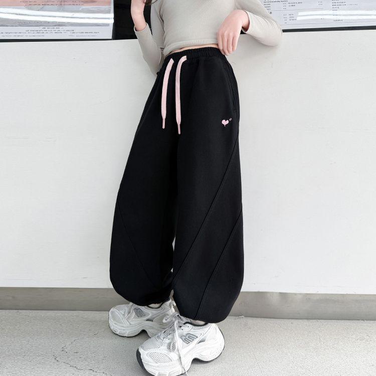 パンツ 女の子 ジュニア ゴムウエスト 柔らか コットン ハート刺繍 切り替え 春秋 スポーティカジュア..