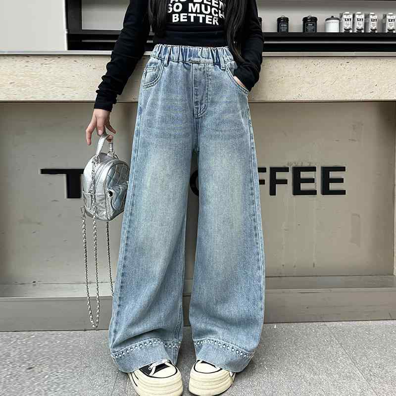 デニム ジーンズ ガールズ ジュニア 春夏 ゆったり ストレート ワイドパンツ おしゃれ パール裾 コット..