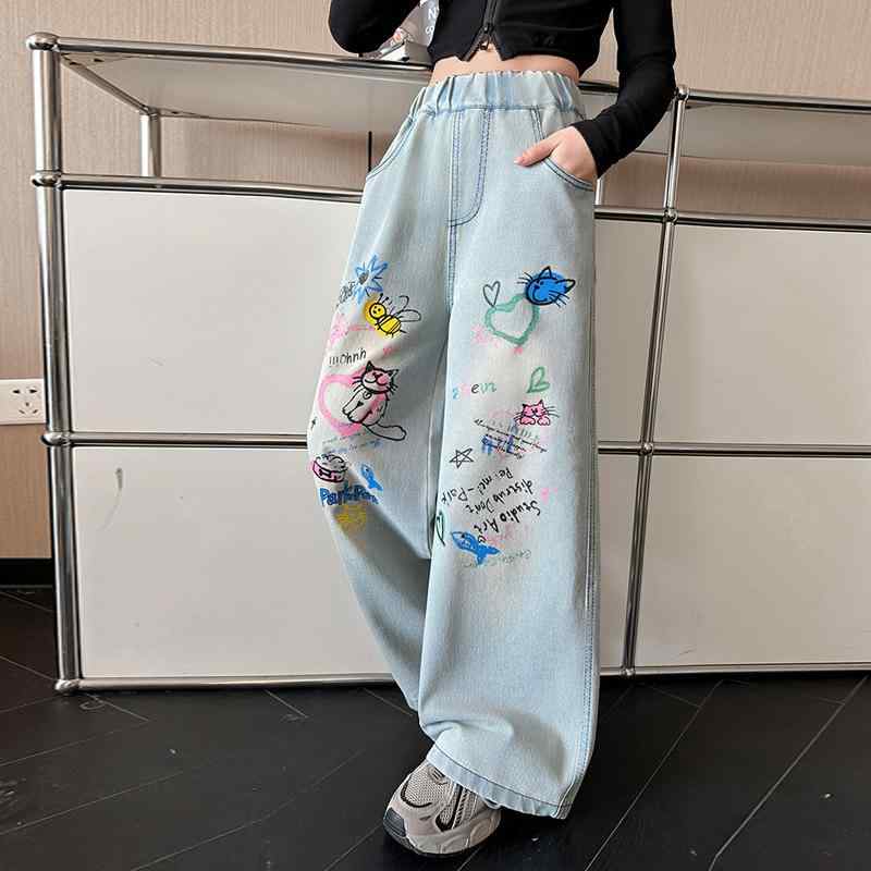 童パンツ 女の子 ガールズ ジュニア デニムワイドパンツ ロング丈 綿 コットン 柔らか ウォッシュ加工 ..