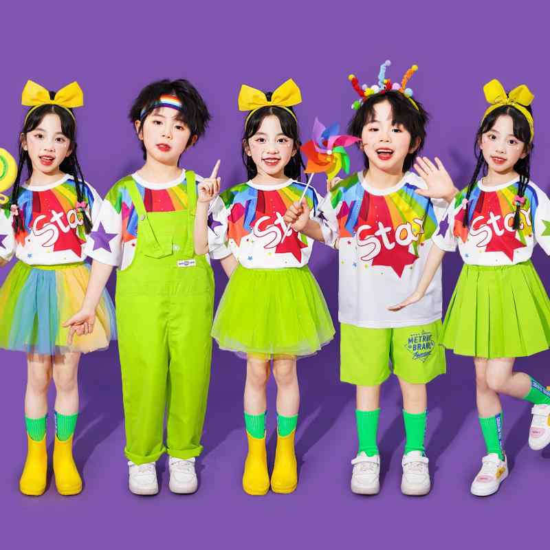 キッズ ダンス衣装 チアリーディング 発表会 運動会 ドーパミンカラー 柔らか スポーティー オーバーオール サロペット パンツ チュール ボリューム スカート 幼稚園 小学生 クラス服 団体服 春夏 ポリエステル