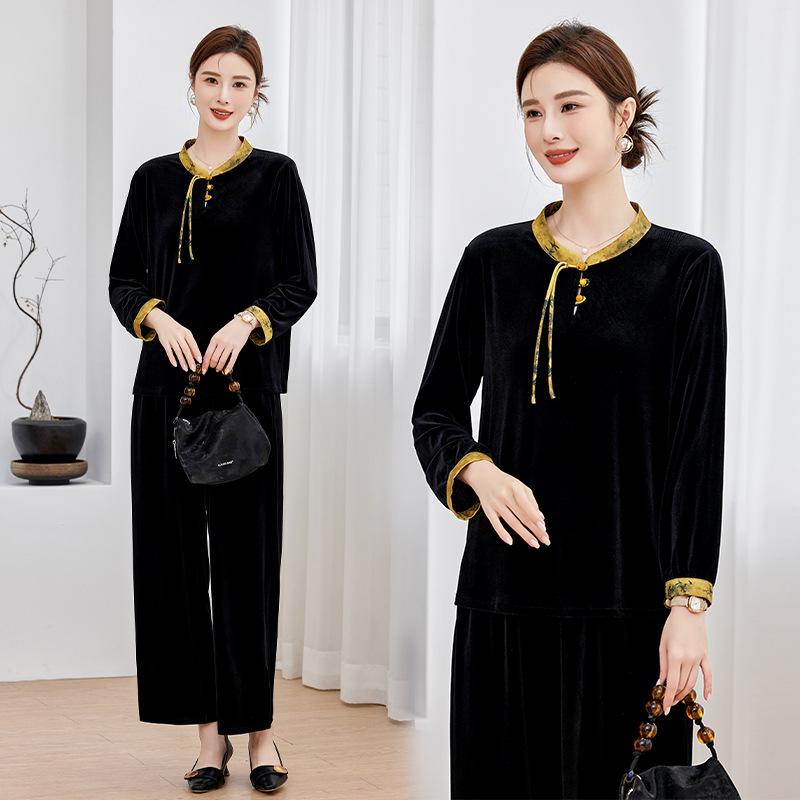 セットアップ レディース 秋 レトロ 新チャイナ風 おしゃれ エレガント ベロア ワイドパンツ 2点セット..