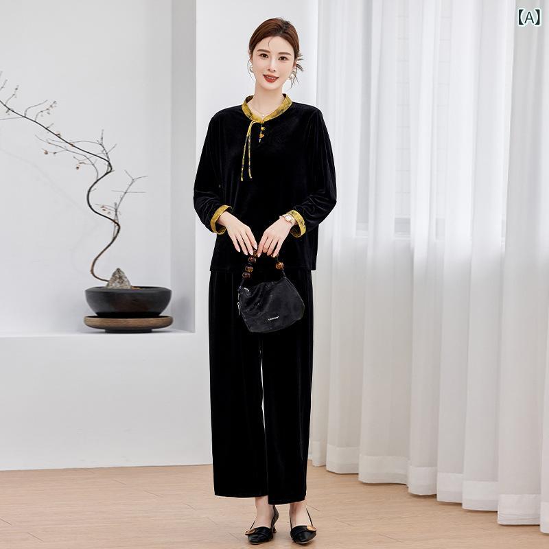 セットアップ レディース 秋 レトロ 新チャイナ風 おしゃれ エレガント ベロア ワイドパンツ 2点セット ゆったり ルーズフィット 切り替え カジュアル