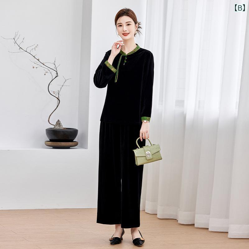 セットアップ レディース 秋 レトロ 新チャイナ風 おしゃれ エレガント ベロア ワイドパンツ 2点セット ゆったり ルーズフィット 切り替え カジュアル