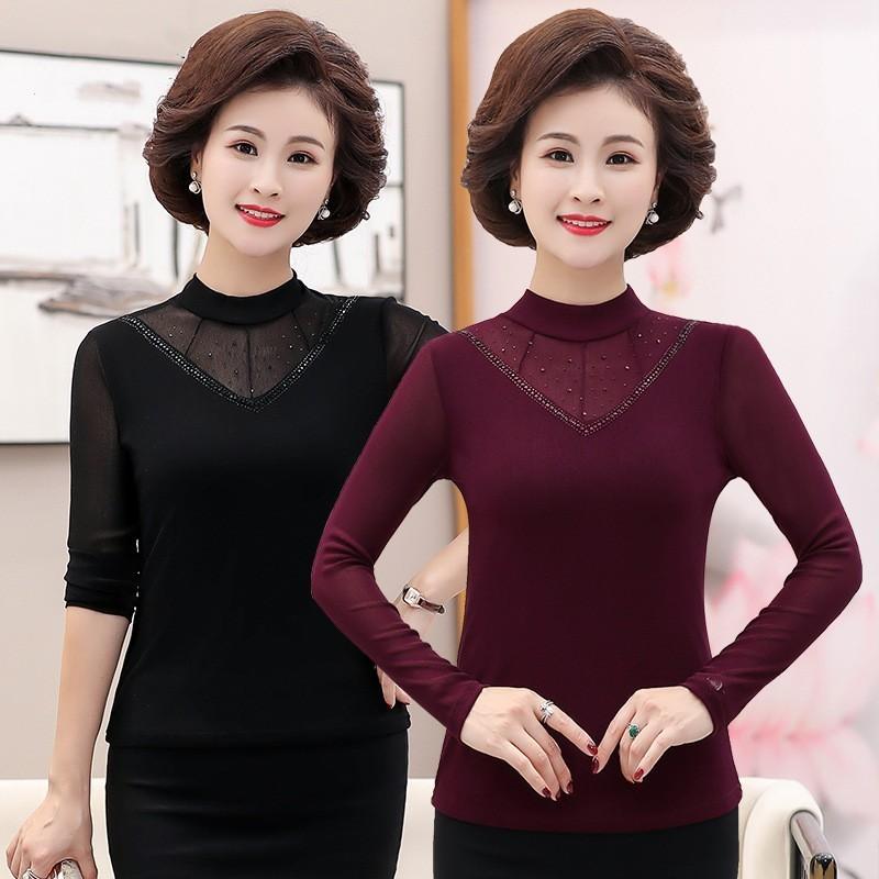 Tシャツ レディース ミセス 中高年 大人 ハイネック レース インナー カットソー 長袖 スリムフィット きれいめ 上品 エレガント 通勤 オフィス 普段着 ポリエステル 無地 春秋