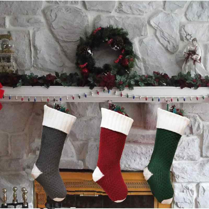 クリスマスソックス 吊り下げ飾り プレゼント袋 キャンディ入れ ニット 毛糸 縄編み リーフ柄 大型 ポ..