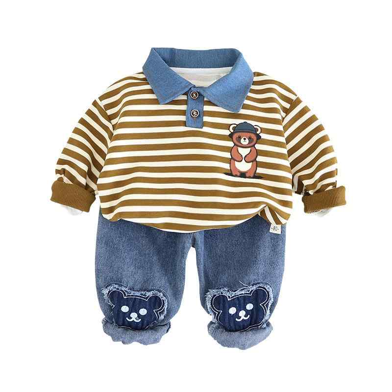 キッズ 男の子 綿混 柔らかい 春秋冬 スウェット トレーナー 襟付き おしゃれ ストライプ くま デニム..