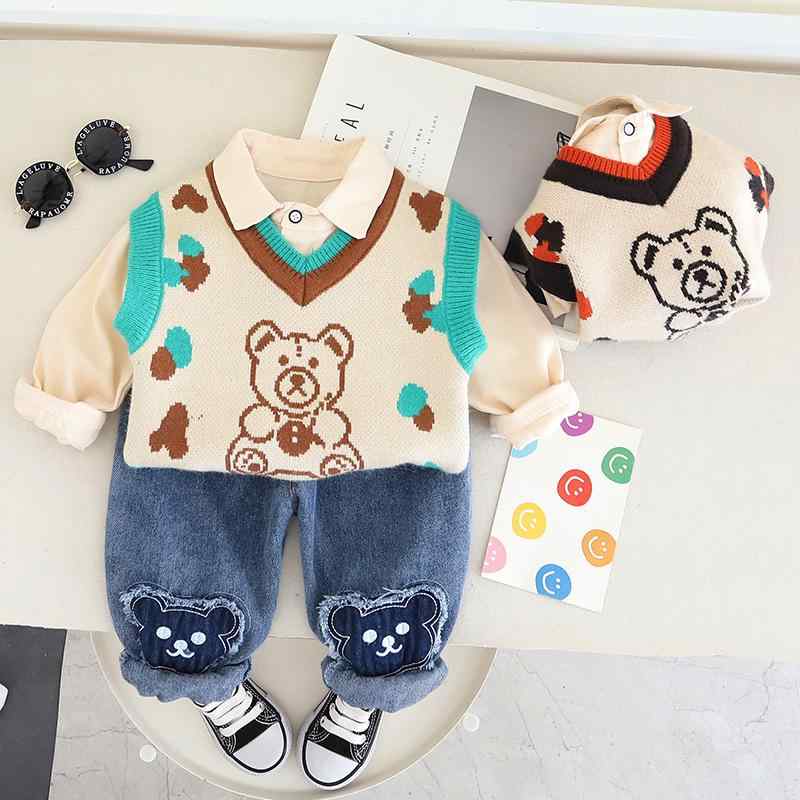キッズ 男の子 春秋 柔らかい肌触り 綿素材 韓国子供服 クマ キャラクター セーター ベスト パンツ 3点セット おしゃれ カジュアル 通園 通学