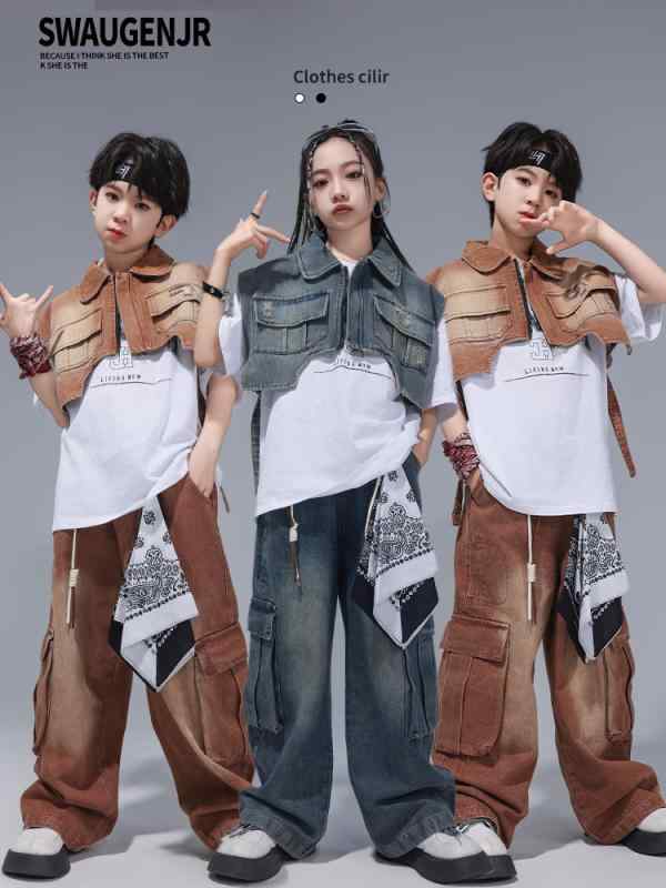 ダンス衣装 キッズ ジュニア ストリートダンス ヒップホップ 発表会 舞台 衣装 デニム ベスト ショート..