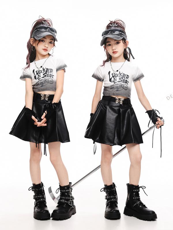 キッズダンス衣装 女の子 ジャズダンス へそ出し クロップド丈 レザースカート 発表会 舞台 演出ウェア ガールズグループ ファッションショー K-POP イベント おしゃれ スタイリッシュ ポリエステル 練習着 レッスン着 3-8歳 中小キッズ