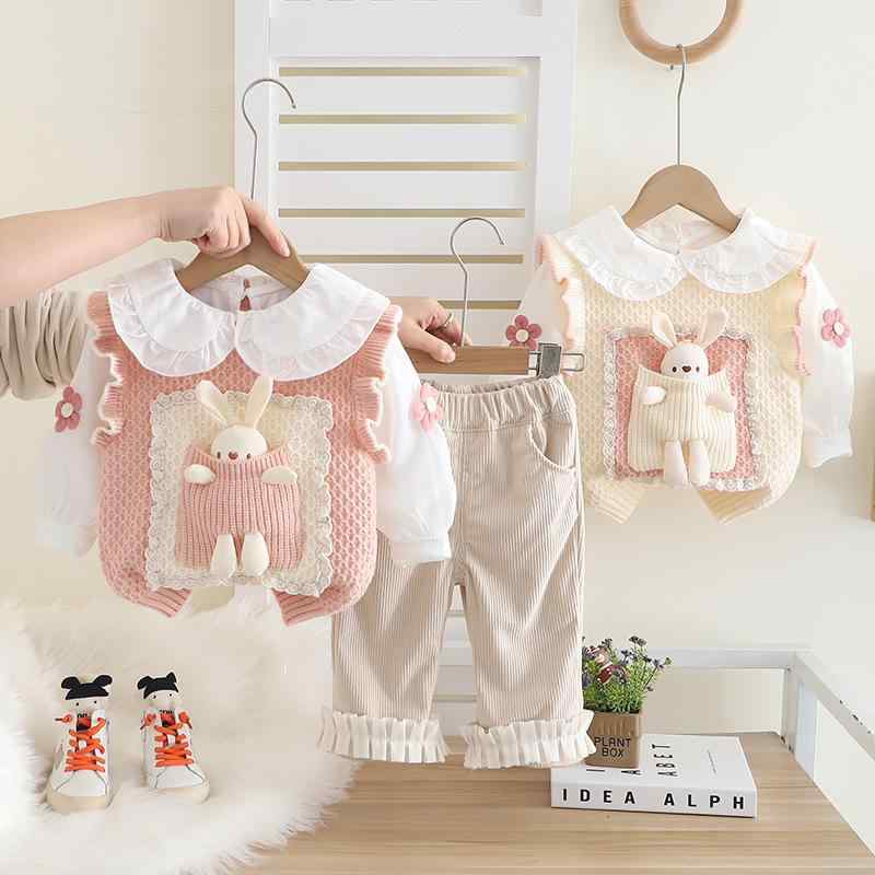 キッズ 女の子 春秋 スイート かわいい 綿 コットン キャラクター柄 ベスト 長袖ニット パンツ 3点セット 普段着 通園 お出かけ カジュアル