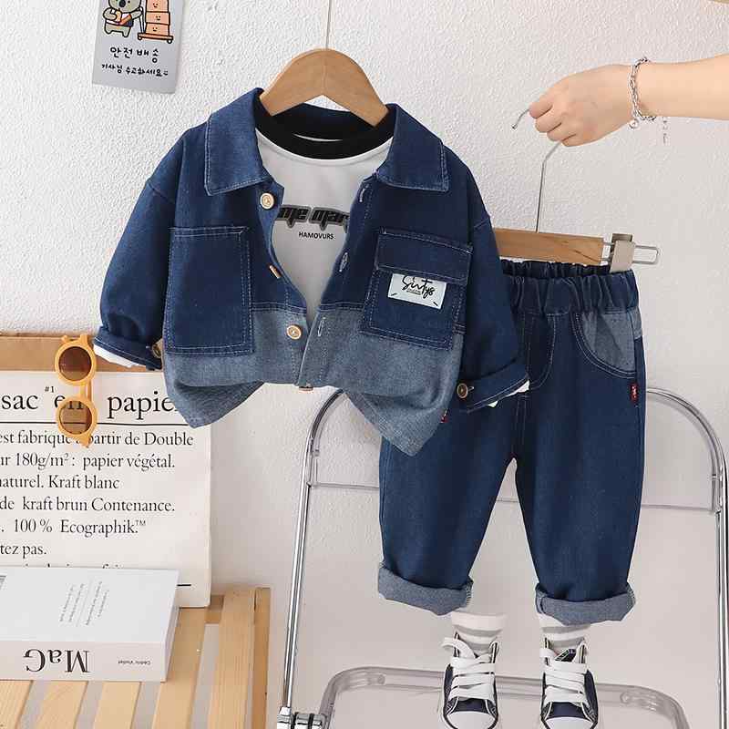 セットアップ 男の子 ベビー 春秋 3点セット 長袖 ロングパンツ 綿 コットン 切り替え ダブルポケット デニム 韓国ファッション かわいい 紺色 柔らか素材 0-5歳向け