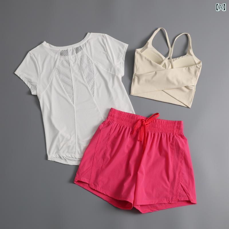 フィットネスウェア レディース 上下 3点セット ヨガウェア スポーツブラ 半袖 Tシャツ ショートパンツ一体型レギンス 吸汗速乾 伸縮性 ストレッチ スポーツ ランニング 運動着 ジム おしゃれ かわいい 春夏秋冬