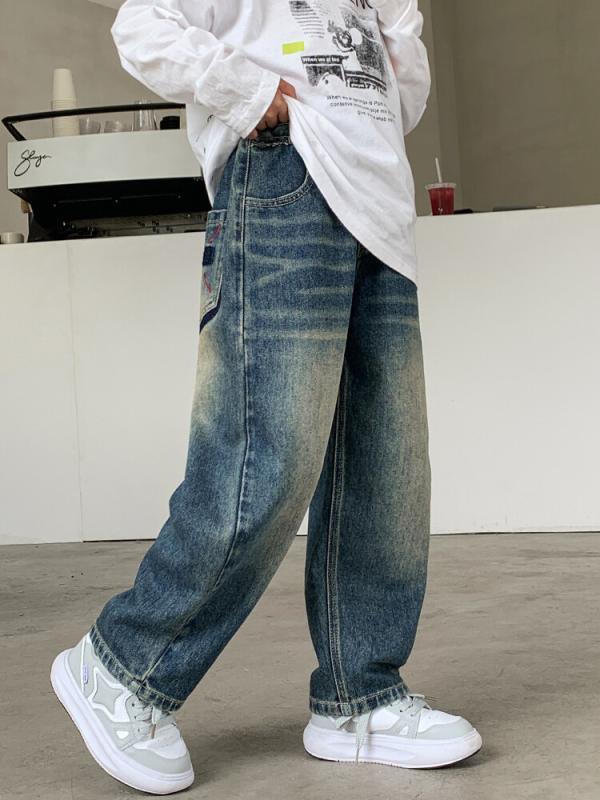 デニムパンツ 男の子 ジュニア 春秋 カジュアル ストリート系 ロングパンツ コットン ソフト加工 ミドルウエスト ゴムウエスト ダークブルー