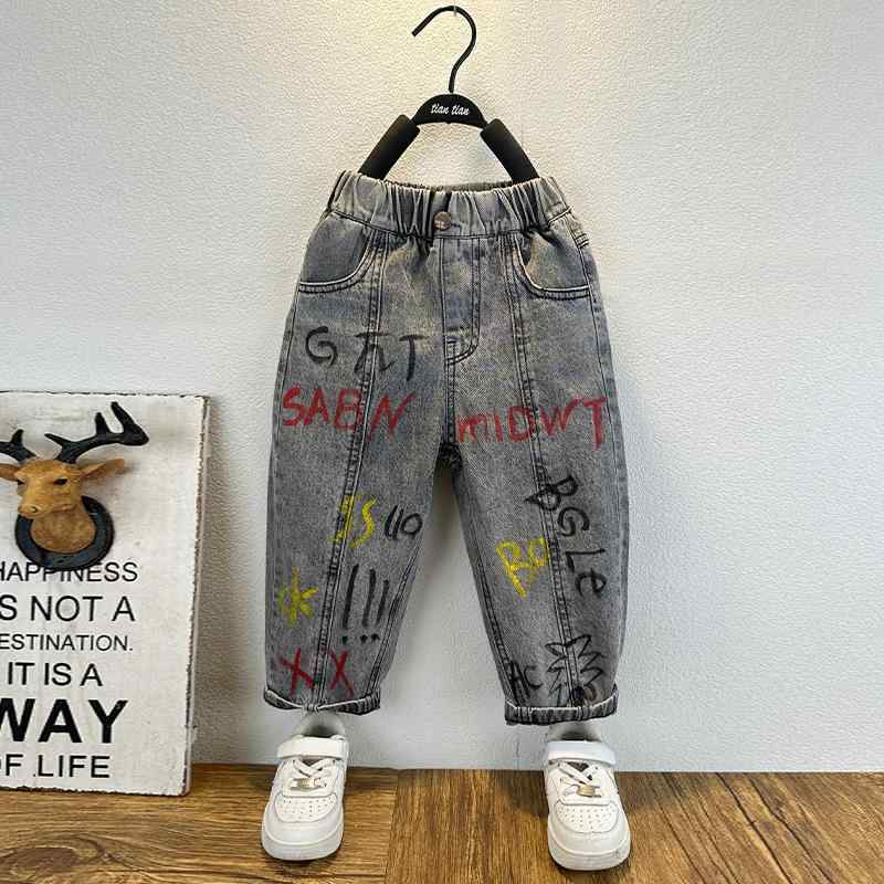 パンツ 男の子 キッズ デニム ジーンズ ロングパンツ 韓国風 かっこいい 英字 アルファベット 落書き ..