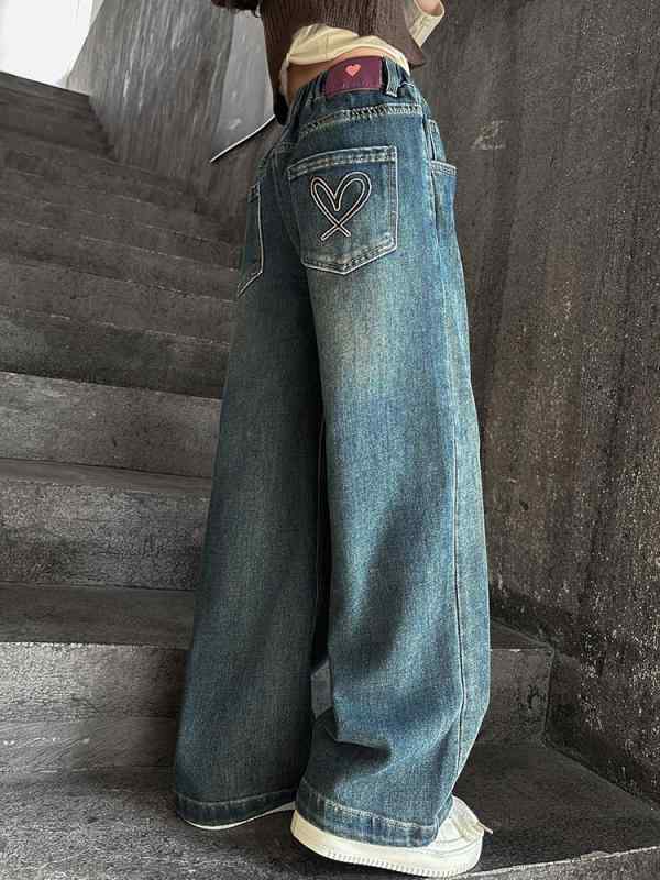 デニムパンツ 女の子 キッズ ジュニア ワイドストレート 裏起毛 厚手 春秋冬 カジュアル おしゃれ 韓国子供服風 コットン混 ソフト ロングパンツ ウエストゴム