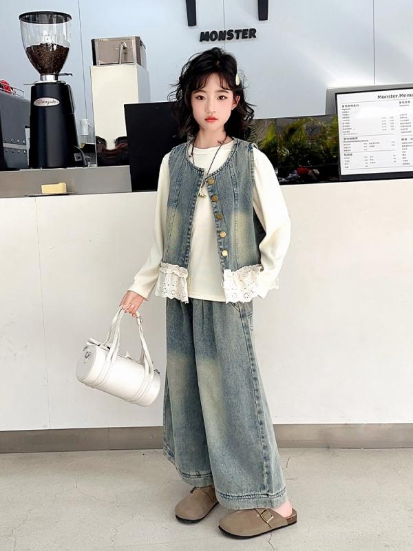 パンツ セットアップ キッズ ジュニア 女の子 デニム ベスト デニムパンツ 長袖Tシャツ 3点セット 春秋..