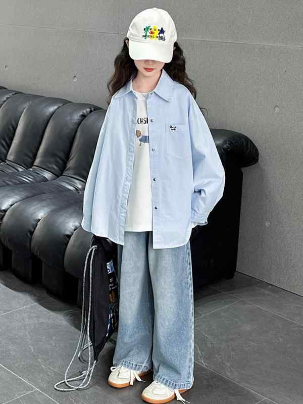 ・カテゴリ: 子供服セット・性別: 女児用・スタイル: 韓国風・セットタイプ: パンツセット・セット内容: 3点セット・対象年齢: 8歳以上、身長140cm以上（中大童）・袖丈: 長袖・フード: なし・丈: 長ズボン・生地加工: 柔軟加工・厚さ: 普通・柄: 無地・特徴: セットアップ、トレンド・生地: デニム・主な素材: 綿50%・開閉タイプ: シングルボタン・カラー展開: ブルー、イエロー・サイズ展開: 130cm, 140cm, 150cm, 160cm, 170cm