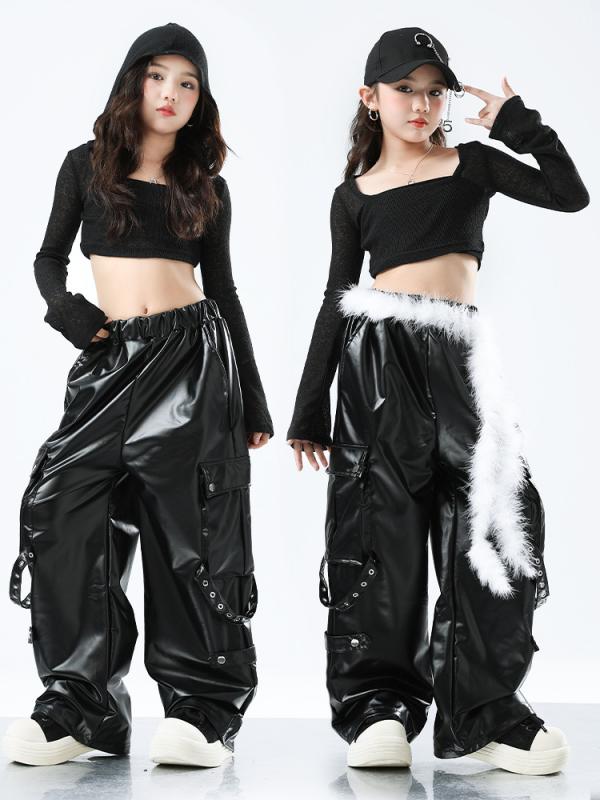 キッズ ダンス 衣装 ガールズ 女の子 ジュニア HIPHOP ヒップホップ クール ショート丈 クロップド丈 セットアップ トップス フェイクレザーパンツ 上下セット 発表会 レッスン着 練習着 ステージ衣装 綿 コットン 春秋